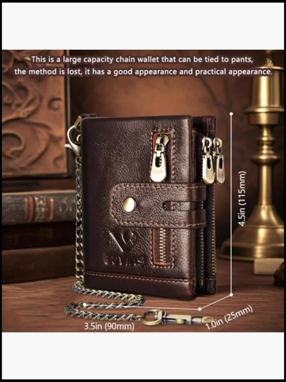 Mens Anti-Theft Chain Wallet Genuine Leather RFID Bifold Wallet with ID Window